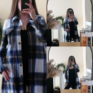 NEW! Plaid button down Belted dress/trench long sleeve navy size small